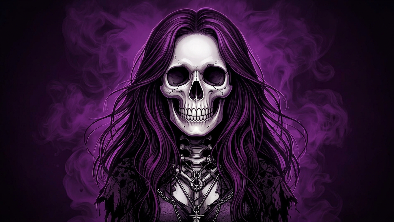 Skull with long flowing hair on a deep aubergine smoke background